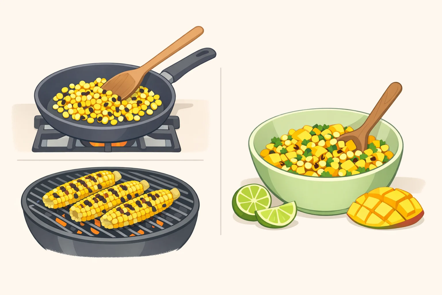 Lightly charred corn kernels mixed with diced mango, minced jalapeño, chopped cilantro, and lime juice to form fresh mango corn salsa for grilled chicken