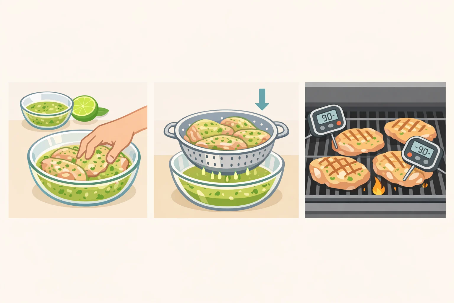 A cook placing boneless, skinless chicken thighs into a lime-forward marinade, lifting and dripping off the excess, then probing multiple thighs with a thermometer to reach 175°F to 195°F