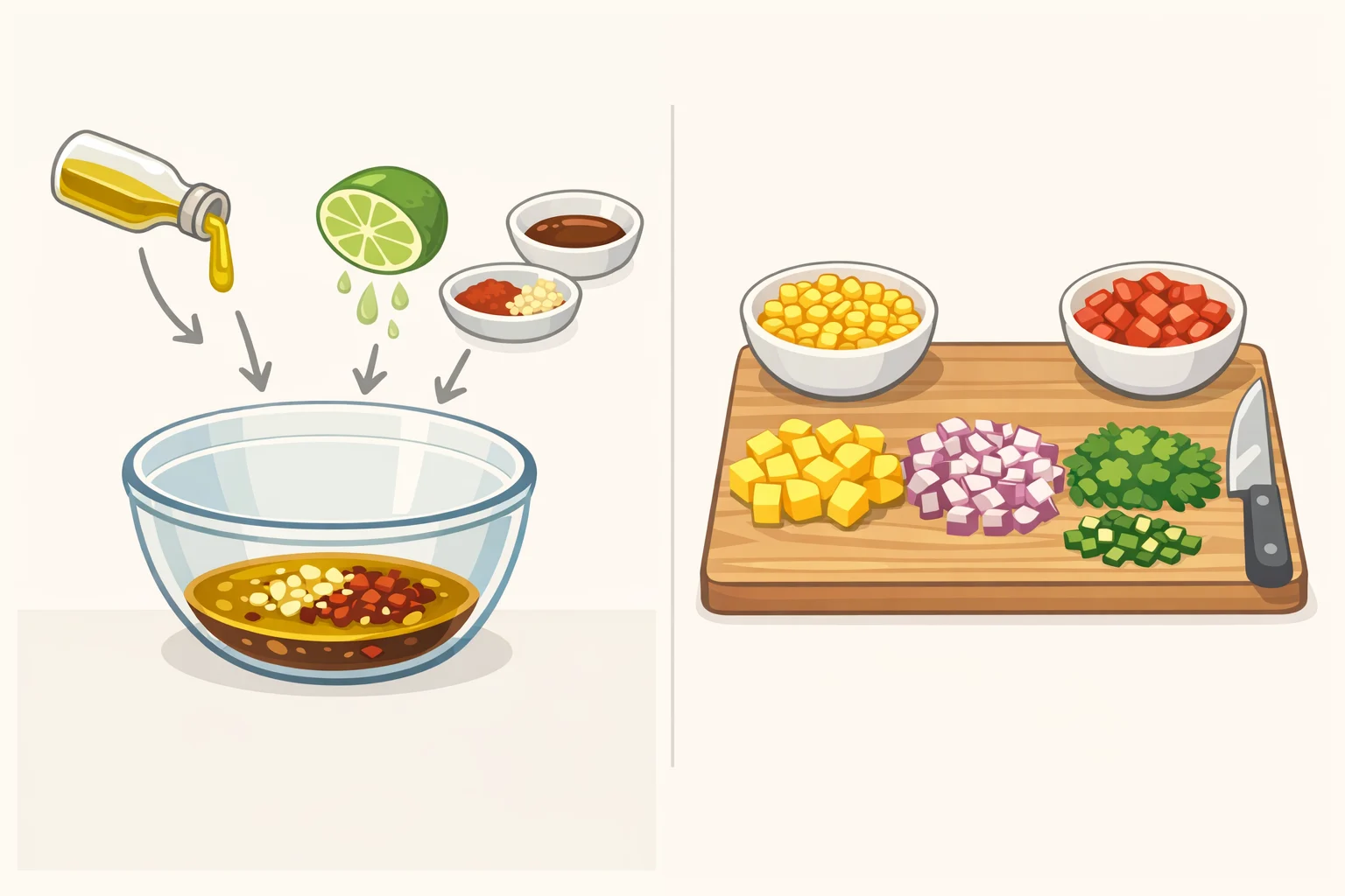 Gathered ingredients for chili lime grilled chicken thighs with mango corn salsa: olive oil, lime juice and zest, garlic, chili powder, cumin, soy sauce, jalapeño, cilantro, diced mango, and corn