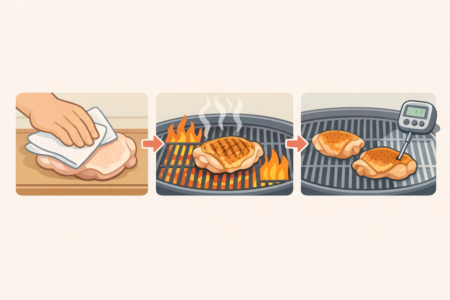 Patting bone-in, skin-on chicken thighs dry for crisping, then searing skin-side down over direct heat and finishing on a cooler indirect zone while taking temperature readings