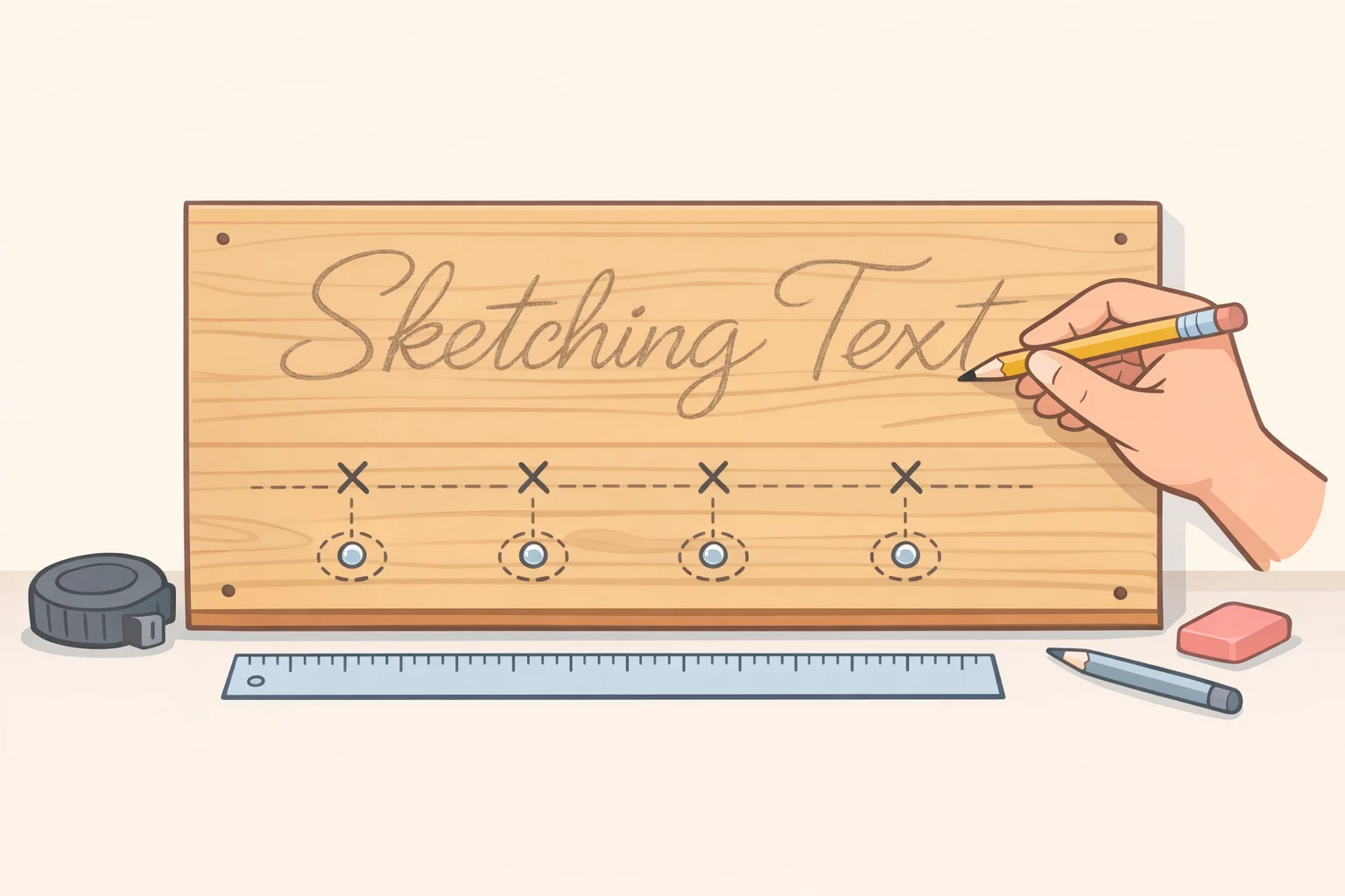 A wooden board with a pencil sketch showing lettering placement and hook positions for a dorm door sign design.