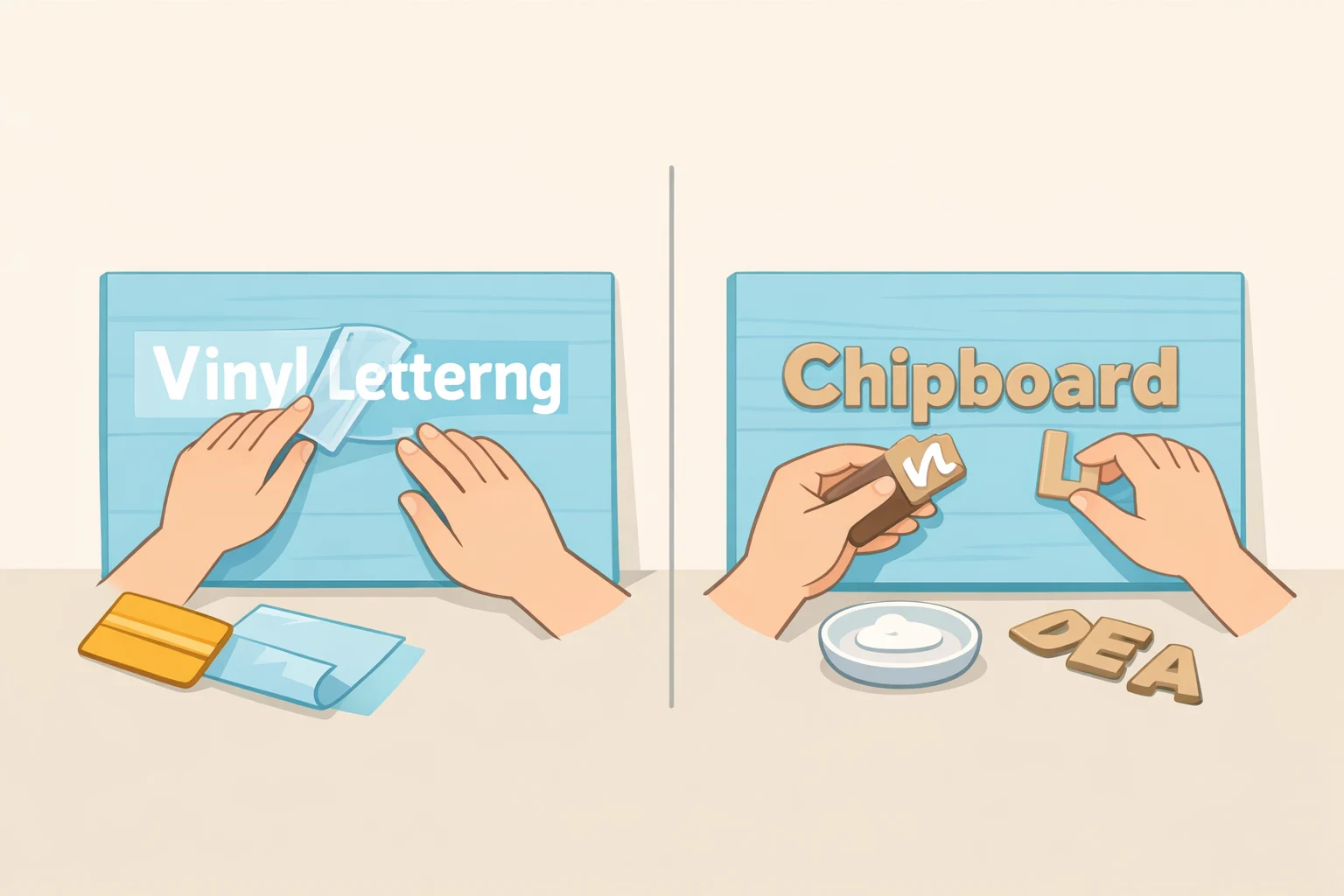 Close-up of permanent vinyl letters being pressed onto a painted wooden sign and a separate example of hot-glued Cricut chipboard letters for raised text.