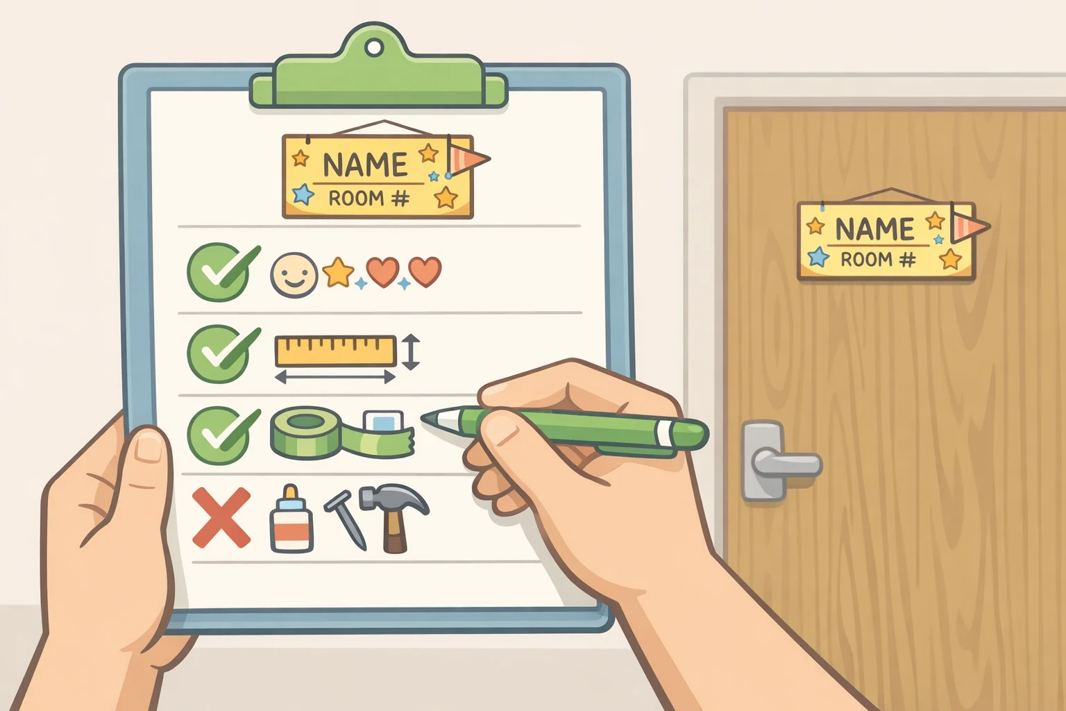 A checklist for dorm housing rules showing whether adhesive strips are allowed, maximum decoration size, and whether hooks can hold items—use this DIY college dorm door sign planning sheet before you buy materials.