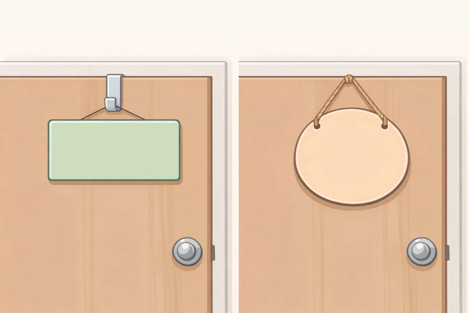 Comparison image showing a rectangular wooden hook sign with double hooks and a separate round wooden door hanger hung with twine through pre-drilled holes.