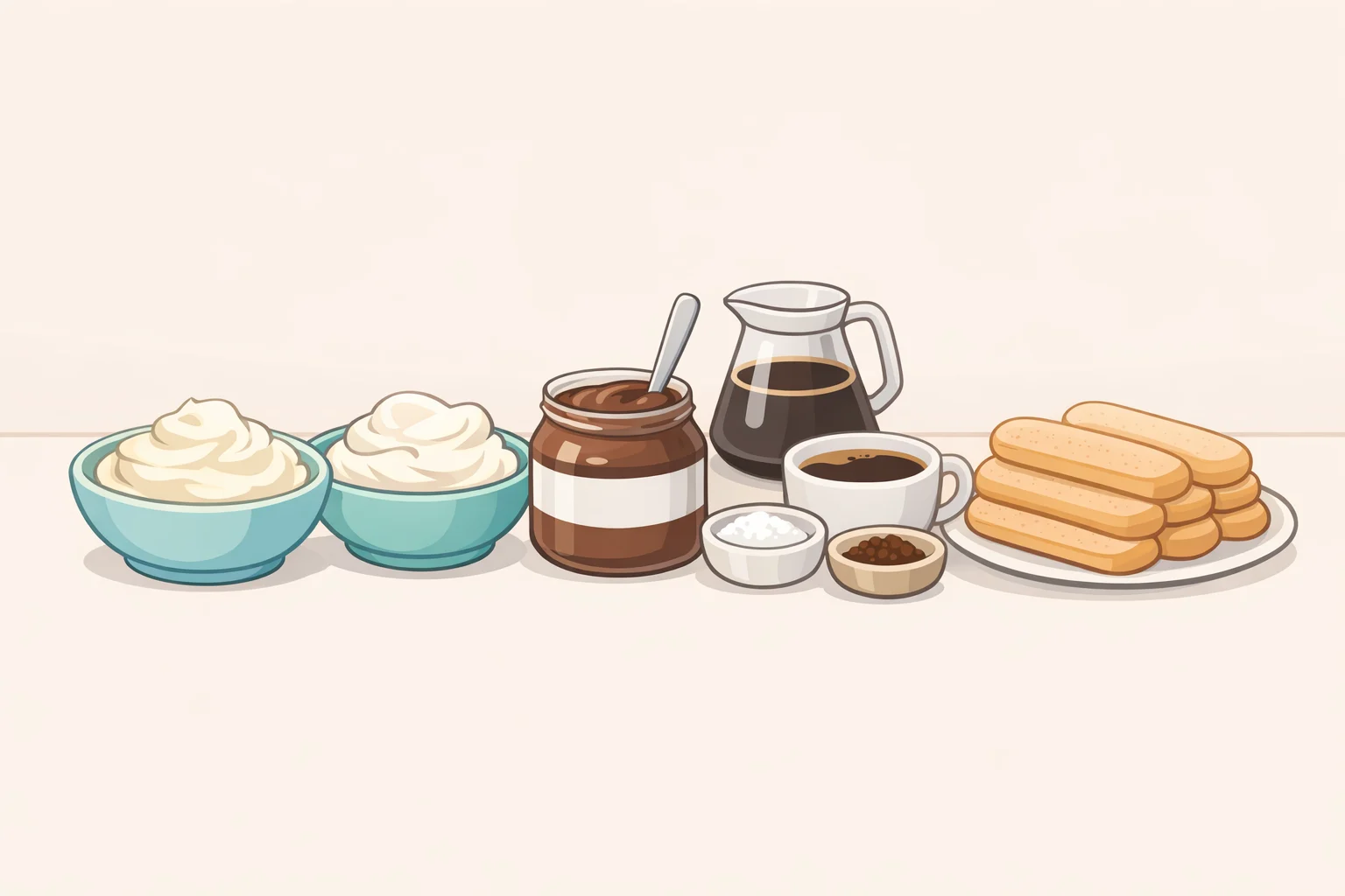 Ingredients for a Nutella tiramisu recipe including mascarpone, 35% cream, icing sugar, Nutella, strong warm coffee for soaking ladyfingers, milk, vanilla, and Dutch cocoa for dusting