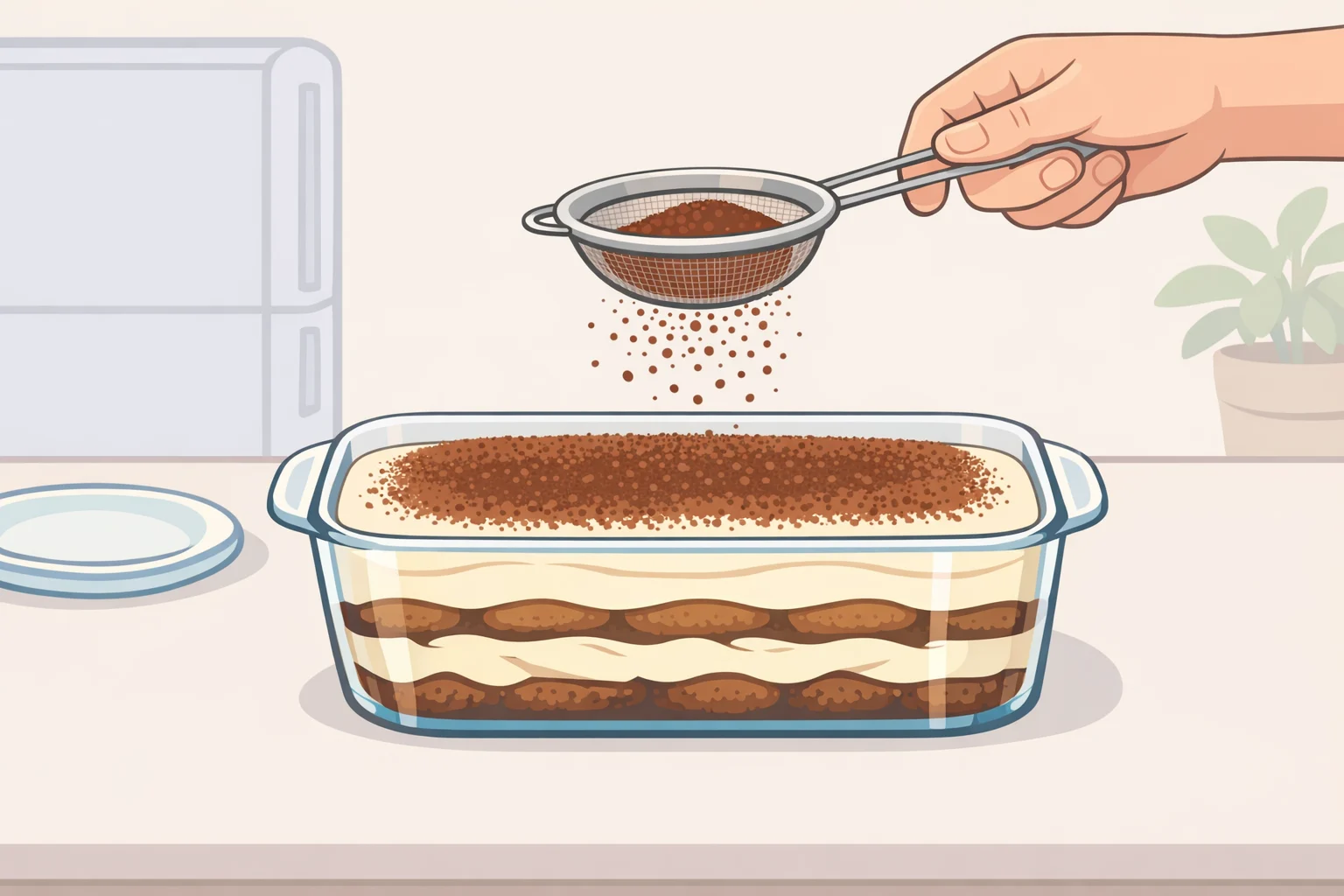 Nutellamisu resting covered in the refrigerator with Dutch-processed cocoa dusted only right before serving to keep the top from weeping