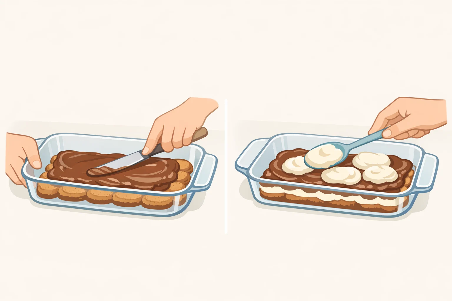 Step-by-step layering of a Nutella tiramisu recipe: coffee-soaked ladyfingers spread in the pan, covered with loosened Nutella mixture, then topped with whipped mascarpone cream