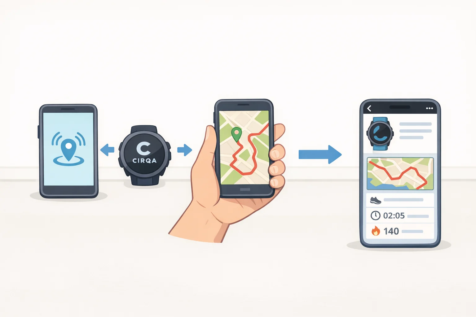 Illustration of a runner carrying a paired phone that shares GPS with a Garmin Cirqa band for accurate route maps in Garmin Connect