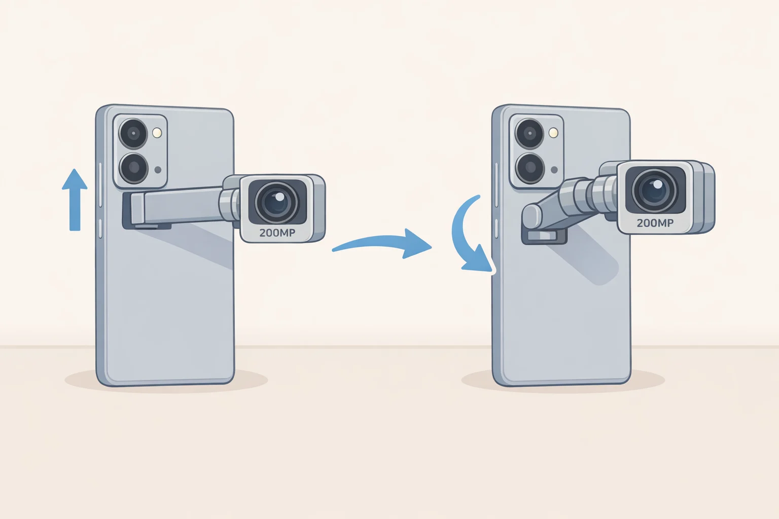 Diagram-style view of the Honor Robot Phone’s retractable 200MP gimbal arm extending from the rear housing and rotating up to 300 degrees for tracking