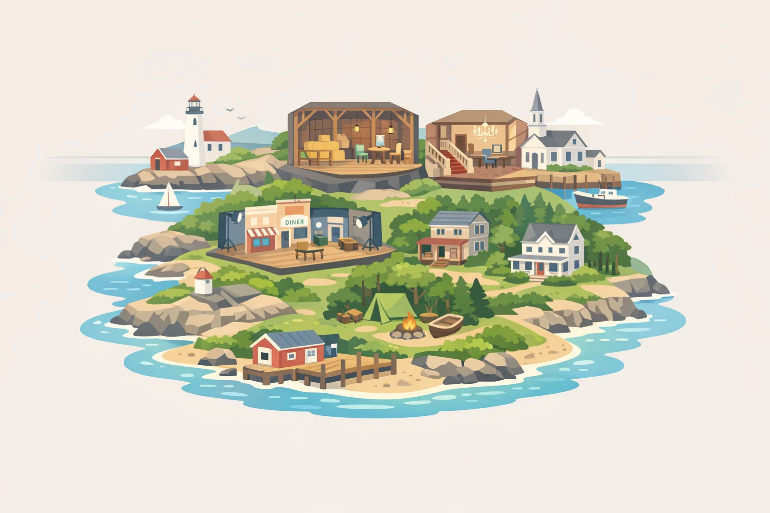 A stylized map and collage of New England town hall, bar, and seaside streets showing how Widow's Bay blends interior sets and coastal exteriors into one real-feeling island