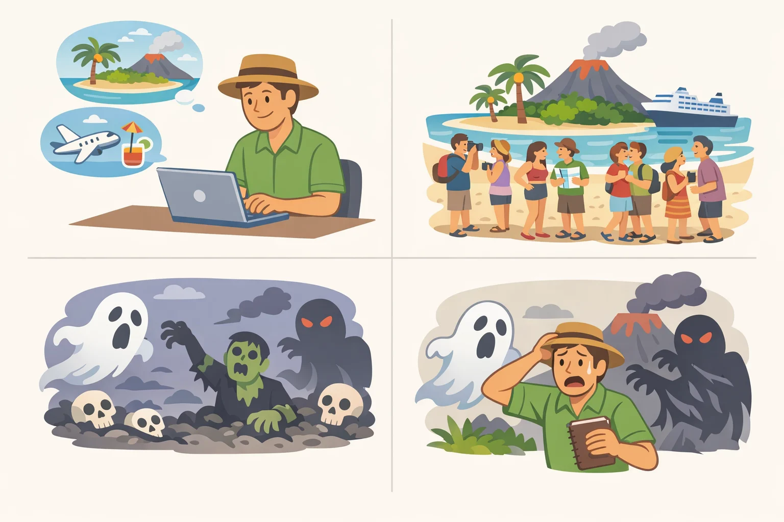 A cursed coastal town street with arriving tourists and eerie signs of danger rolling in, illustrating Tom Loftis’s tourism gamble in Widow's Bay