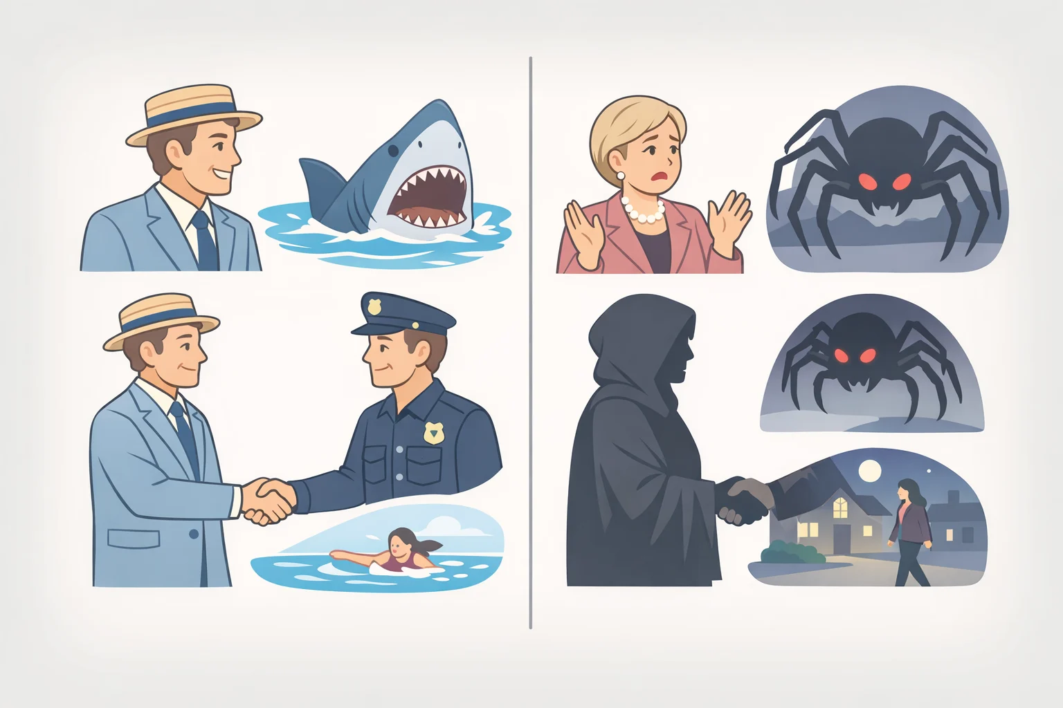 A side-by-side scene concept of the mayor trying to keep tourism going in a coastal town, tying the mayor-versus-threat tension of Jaws to movies like Widow's Bay
