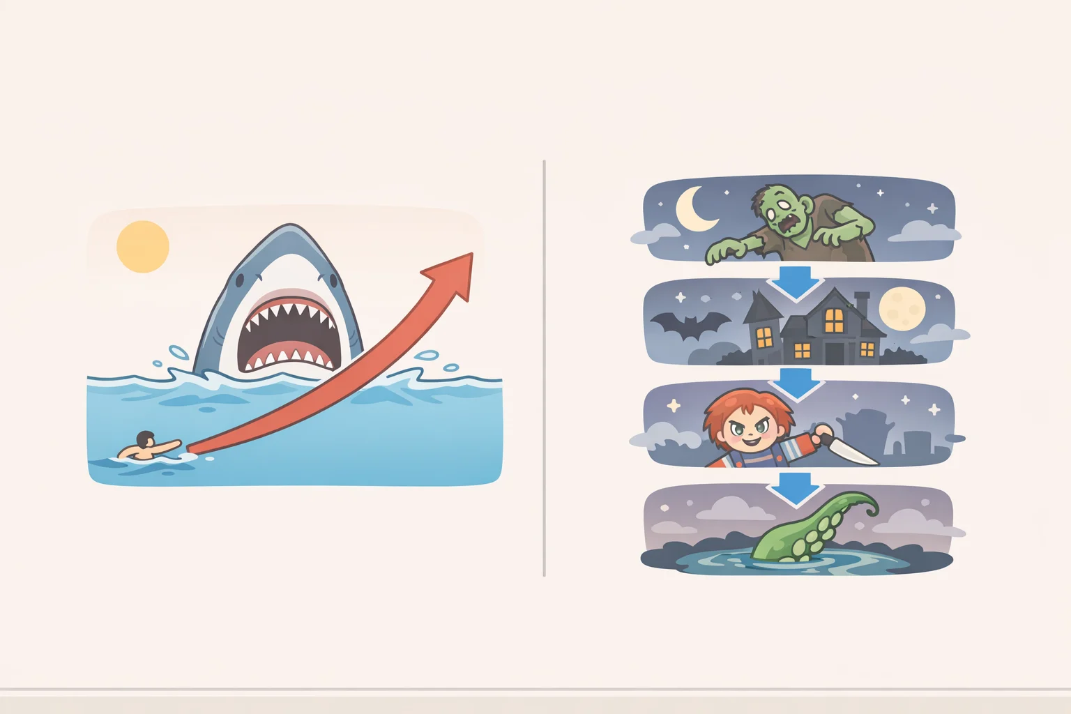 A comparison graphic showing Jaws as one tightening shark threat versus Widow's Bay as multiple supernatural incidentskiller clown, haunted hotel, mushroom tripstacking across episodes