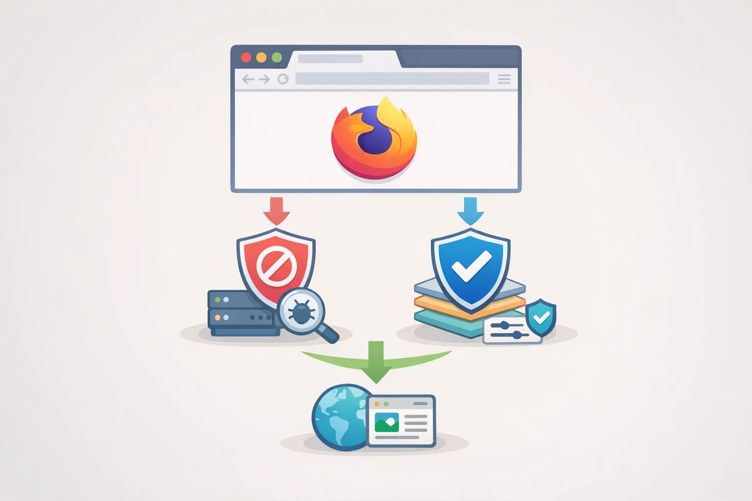 Firefox extension architecture showing blockingWebRequest and declarativeNetRequest working together so Firefox supports uBlock Origin