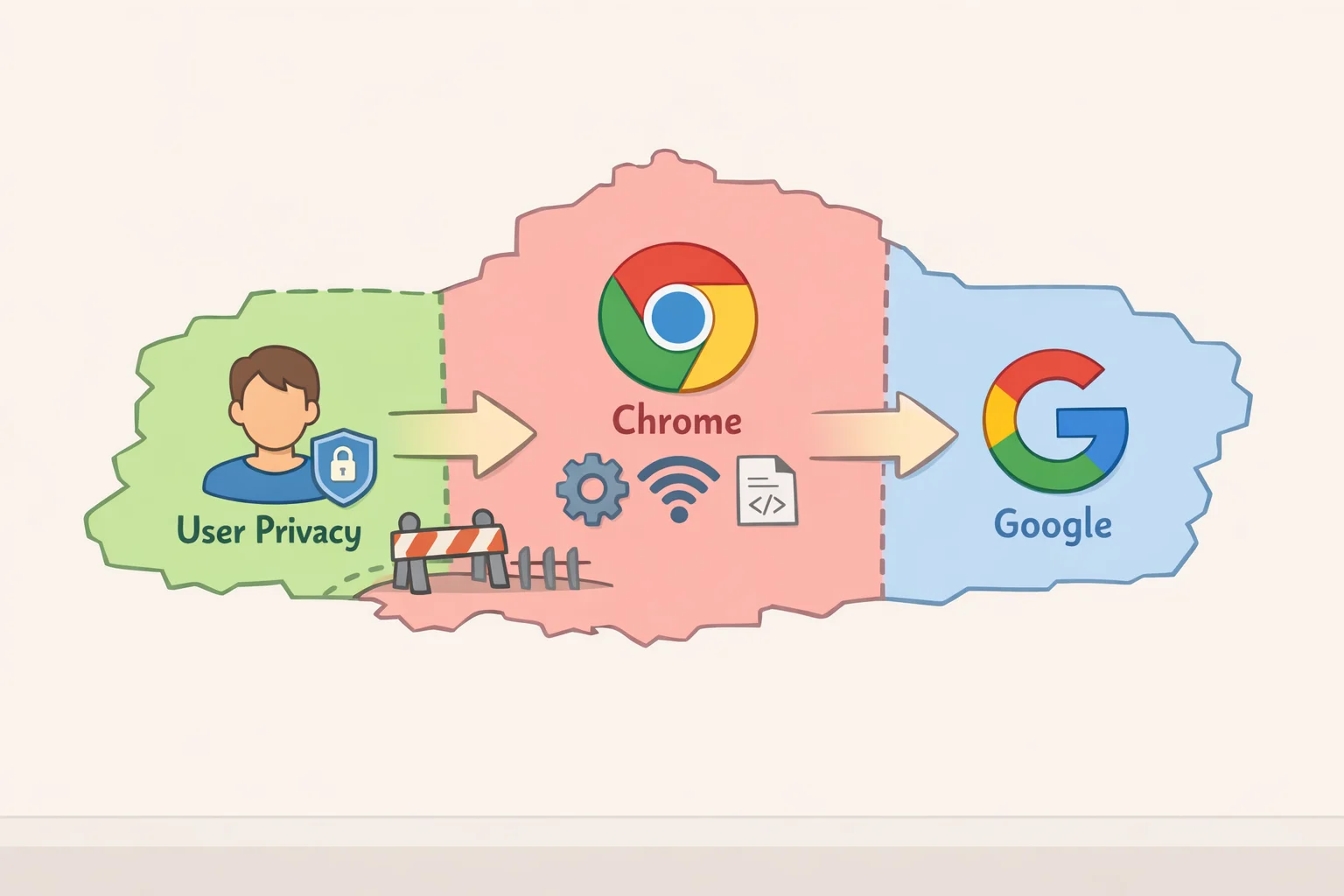 Illustration of browser governance in the Manifest V3 debate, showing user control versus vendor control with Chrome mapped to Google advertising influence