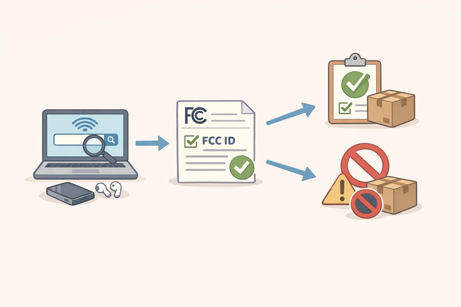 Step-by-step flowchart showing how to verify a drone model's FCC equipment authorization status to determine if it's affected by Covered List rules, separate from FAA flight legality