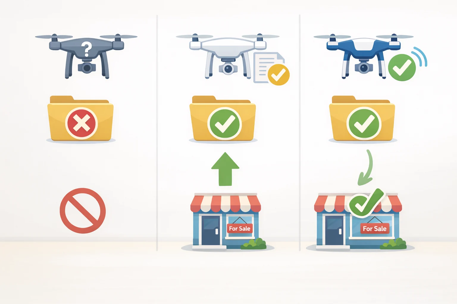 Chart showing how the FCC Covered List treats previously authorized models, newly covered models without authorization, and conditionally approved exemptions for determining which drones are banned in the US