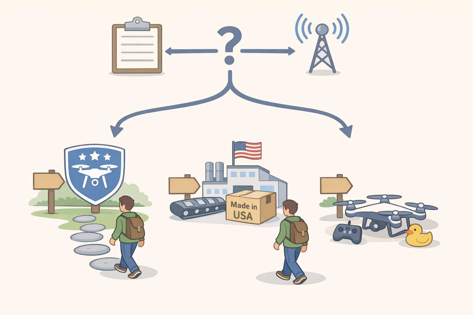 Decision tree illustrating the FCC test for whether a drone is produced in a foreign country, plus carve-outs such as Blue UAS Cleared List, Buy American domestic end products, and Toy Drone criteria