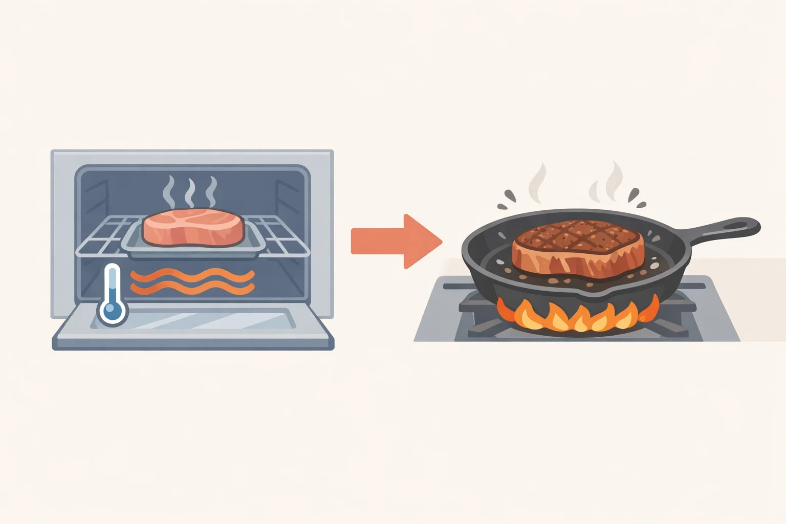Two-stage reverse sear cooking diagram: pork chops cooked at 300°F on a rack until about 110°F, then seared in a hot oiled skillet to build a crisp crust