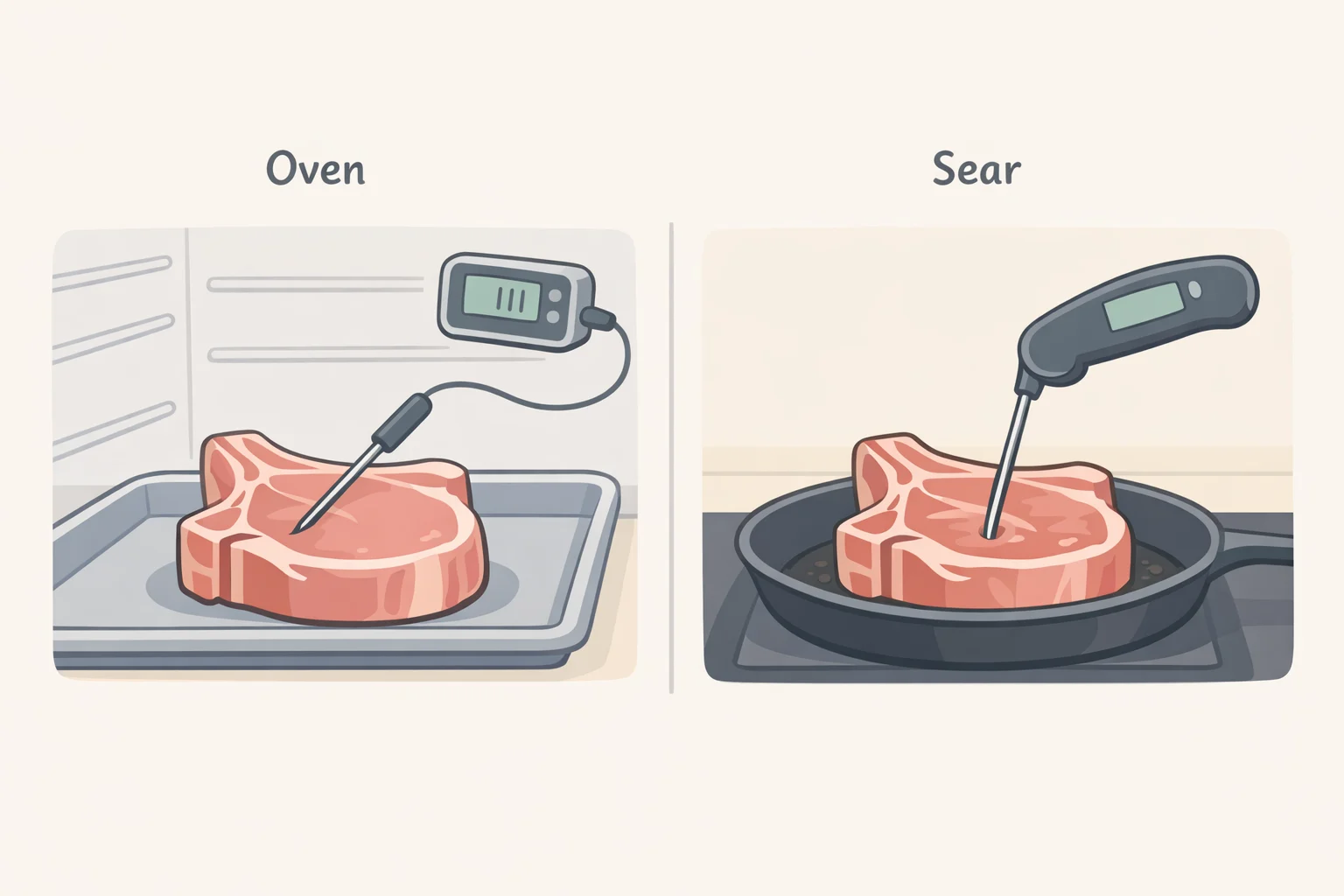 Correct thermometer placement for reverse sear pork chops: oven probe inserted into the thickest part away from the bone, and instant-read thermometer checking the geometric center from the side