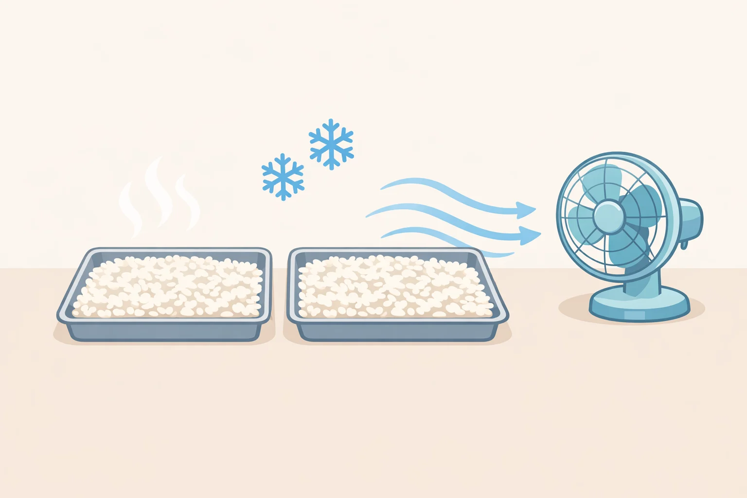 Illustration of cooked jasmine rice spread into a shallow tray for quick chilling before learning how to make vegetable fried rice with clump-free, glossy grains