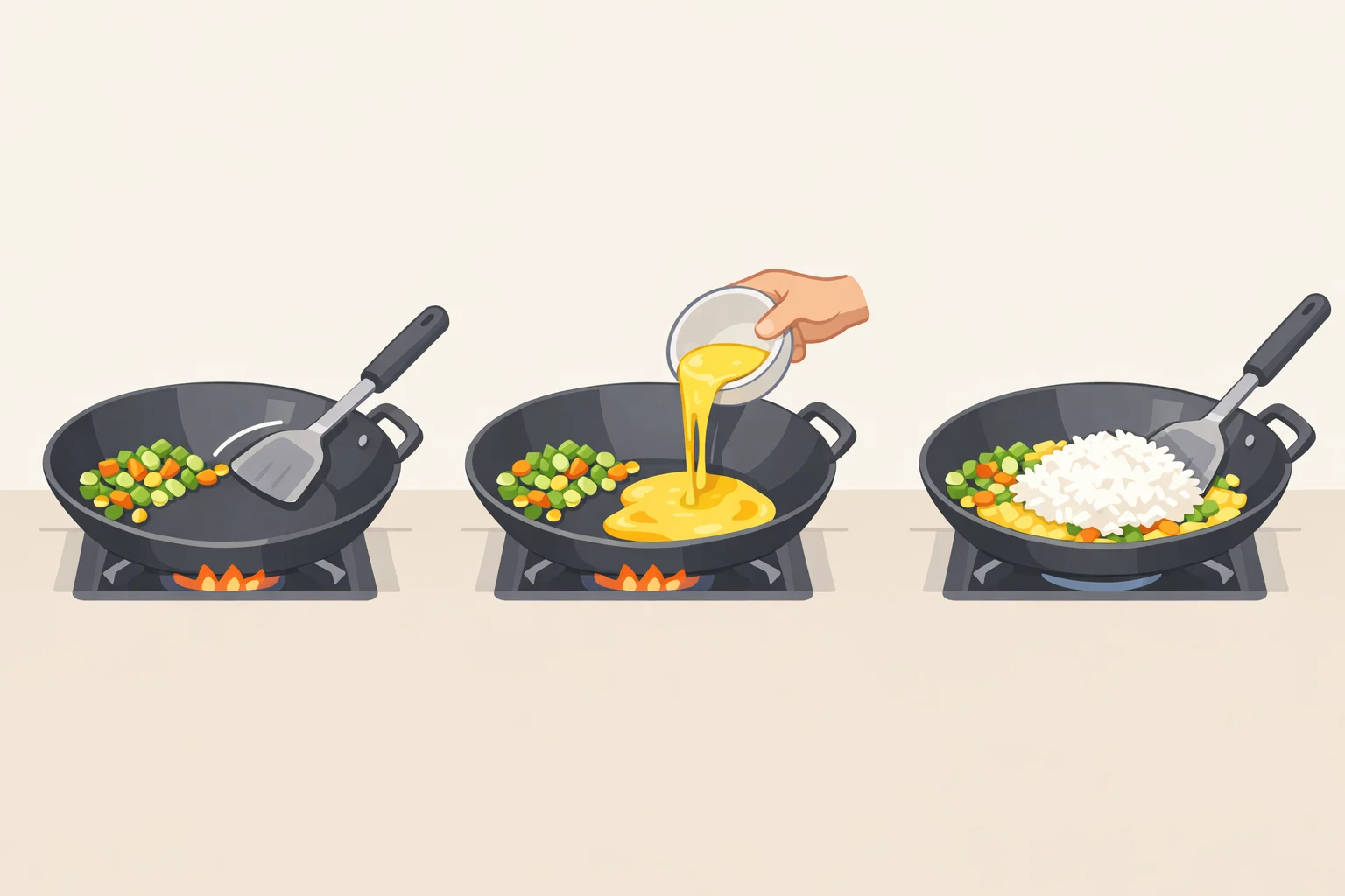 Illustration of a hot wok where the vegetables are pushed to one side, beaten egg is poured into the cleared space, and chilled rice is folded in a circular motion for distinct, glossy grains