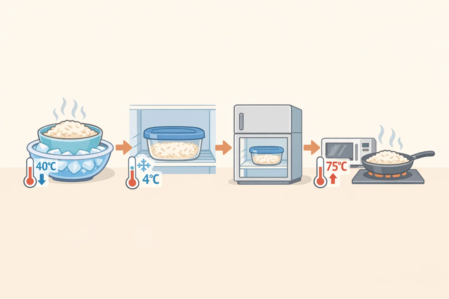 Illustration showing a temperature-time chart for cooked rice cooling within two hours and reheating leftovers to 165°F using shallow containers to prevent unsafe bacterial growth