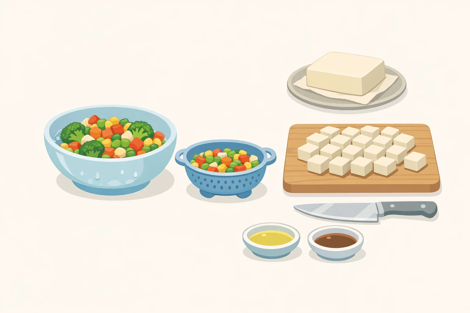 Illustration of thawed frozen peas and carrots alongside pressed cubed tofu, ready to be browned and stir-fried at high heat