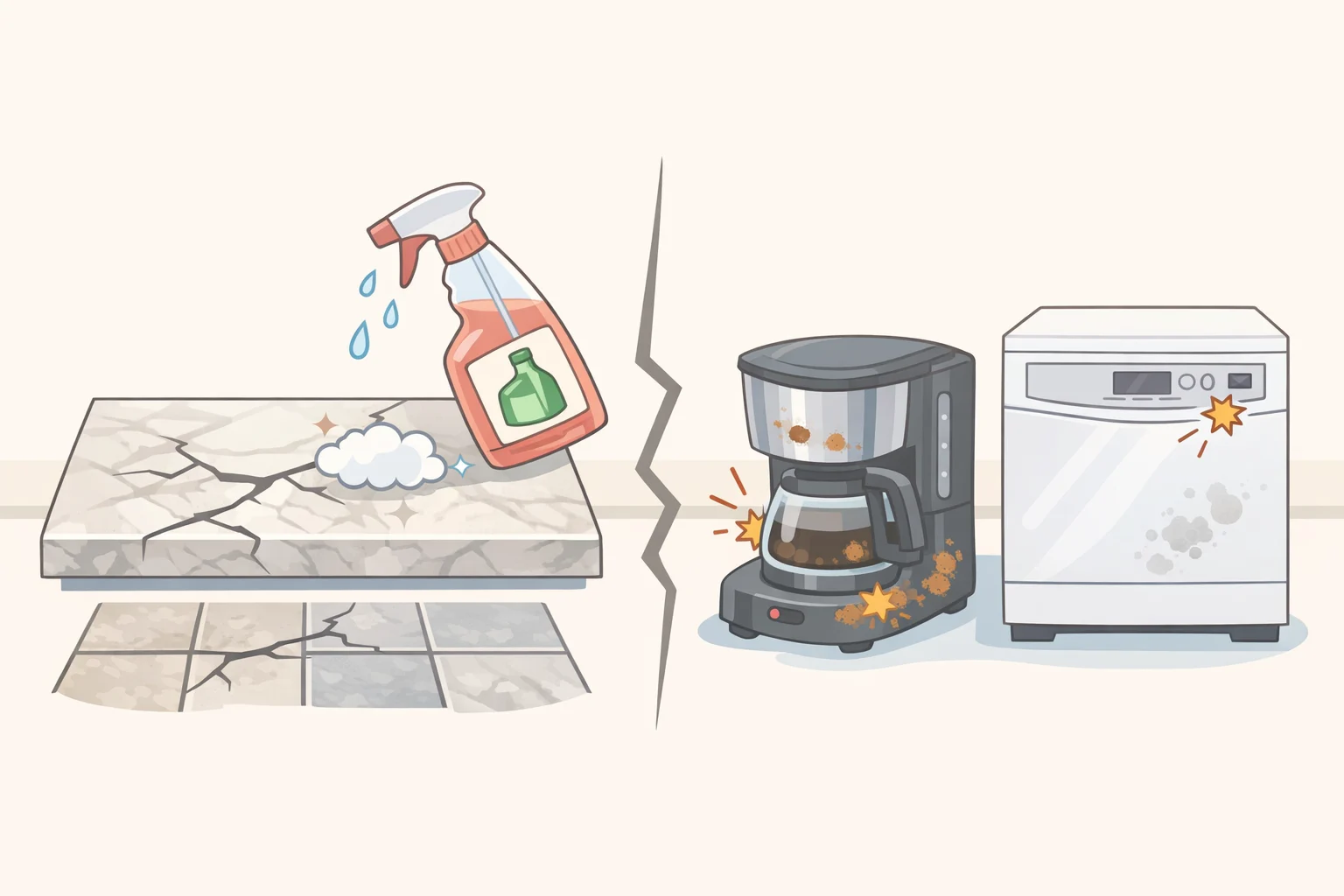 Illustration warning against vinegar use on granite, marble, travertine, wood finishes, washing machine rubber seals, and iron steamers where acid can dull, etch, or damage parts