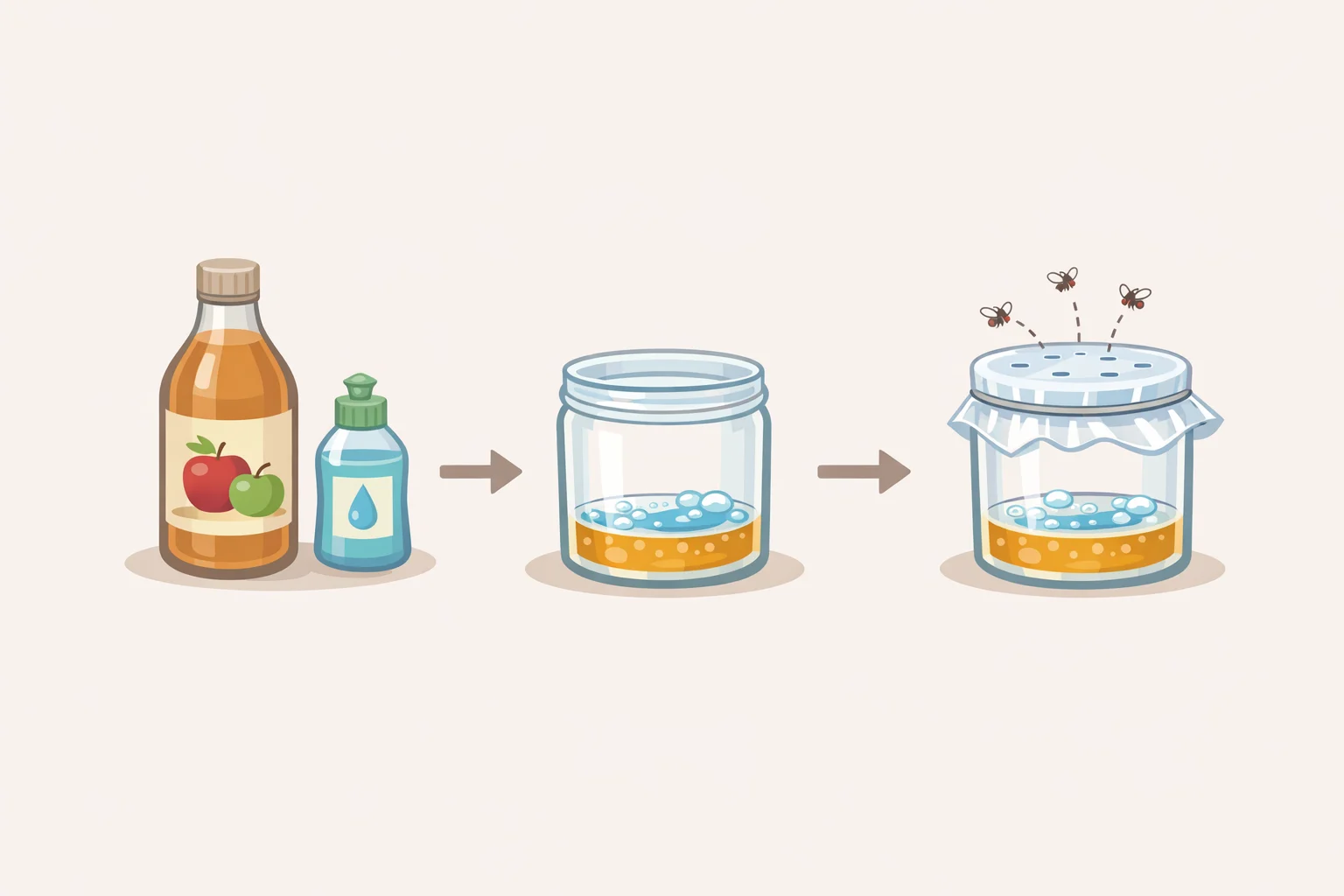 Step-by-step photo of a fruit-fly trap using apple cider vinegar, a few drops of dish soap, and plastic wrap with small holes