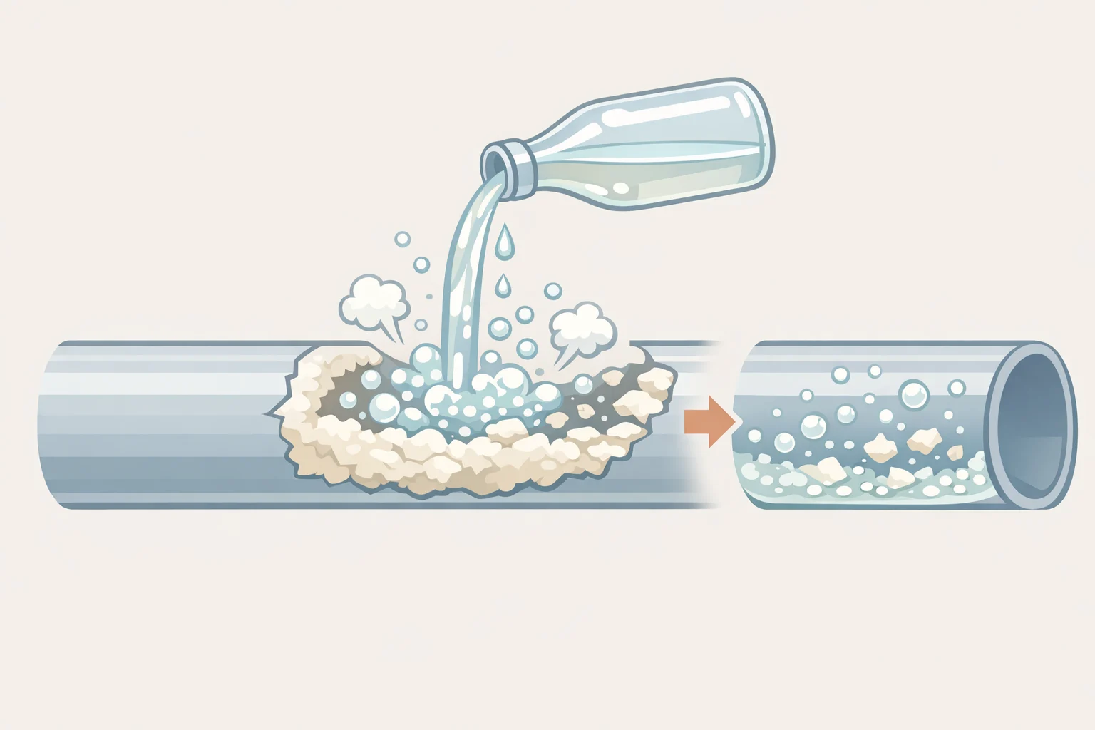 Close-up diagram of calcium carbonate hard-water scale breaking down as acetic acid from apple cider vinegar dissolves it into calcium acetate, water, and carbon dioxide