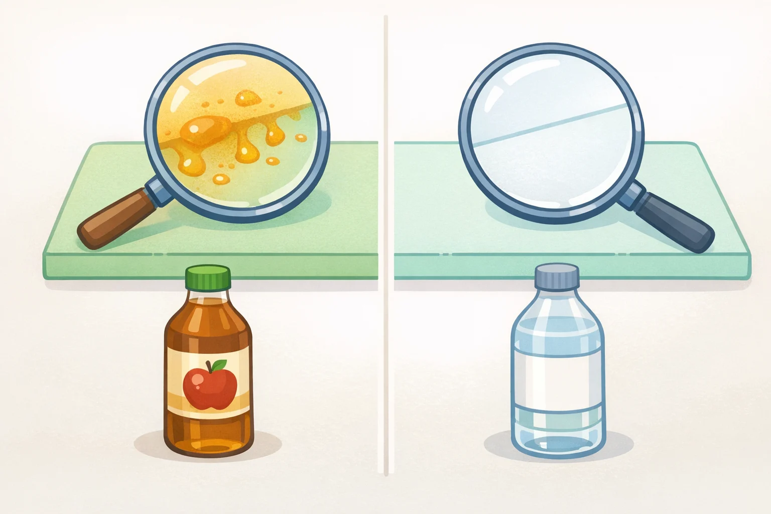 Side-by-side cleaning test showing apple cider vinegar (amber) can leave sticky residue or discolor grout compared with clear white vinegar, answering can you clean with apple cider vinegar without leaving marks