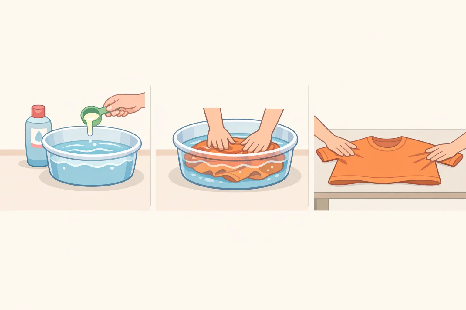 Illustration of the home conditioner-soak method: measuring hair conditioner into a bucket, fully submerging a shrunken garment for 30 minutes, rinsing, then gently stretching it flat to air-dry