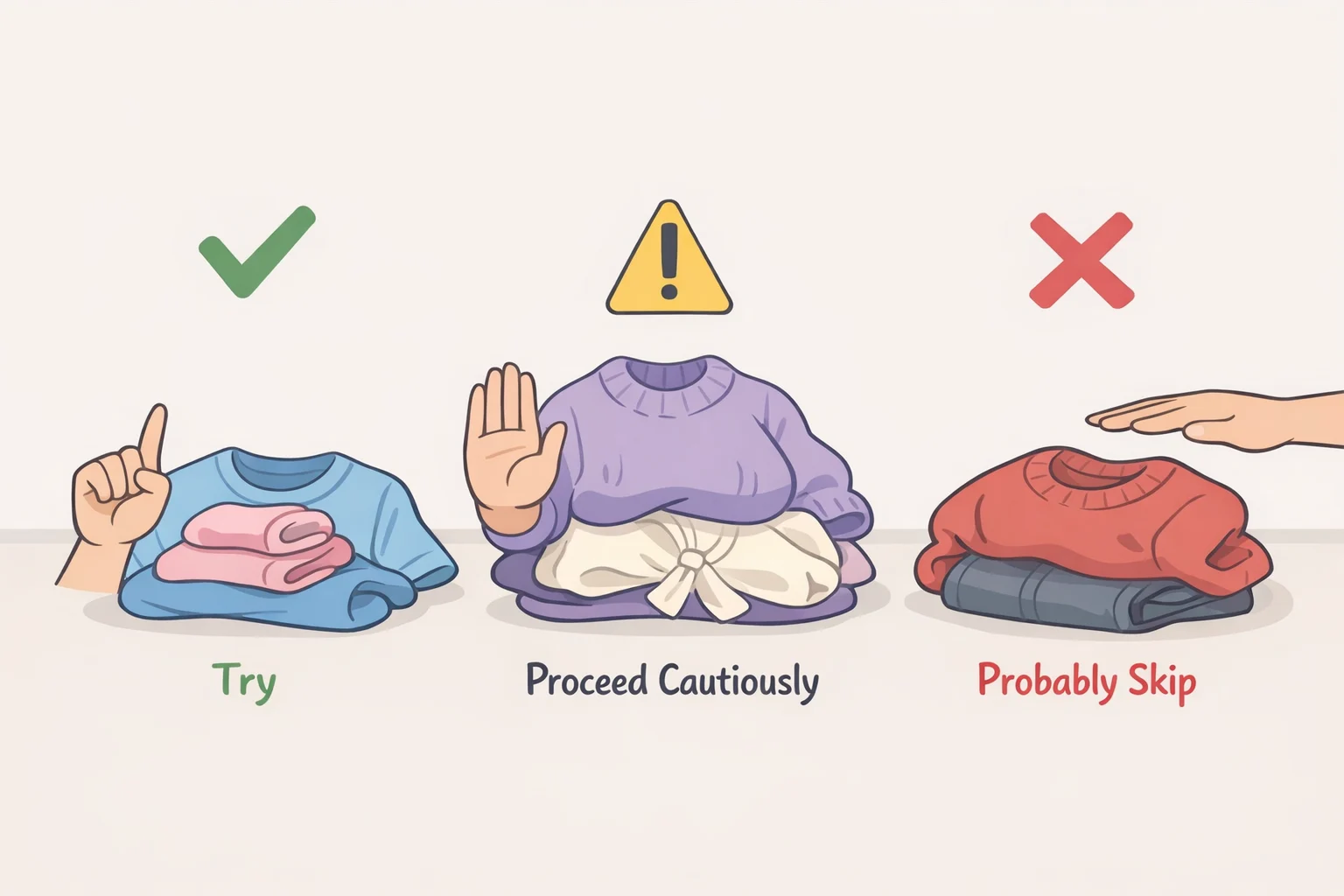 Illustration showing three labeled stacks of shrunken fabricslightly shrunken cotton/wool knits to try, synthetic blend knits to proceed cautiously, and delicate silk or fully felted wool to skip