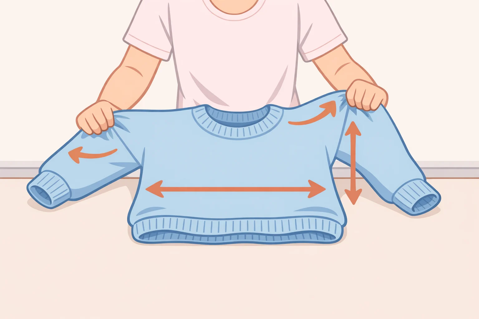 Illustration of a shrunken knit sweater soaked in hair conditioner, then stretched back toward its desired shape and air-driedcan you unshrink clothes with a temporary fiber soak?