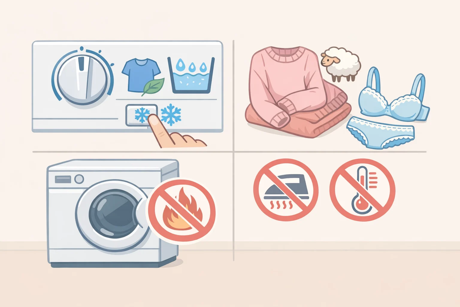 Illustration comparing laundry settings for cotton/rayon, wool, and silkcold water with low spin for cellulose fibers, and no heat or aggressive tumbling for wool, with delicates following the care label