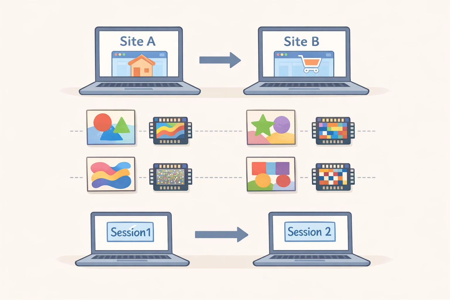 Illustration comparing stable versus noisy canvas/WebGL results across two origins and two sessions, highlighting Brave browser GPU fingerprinting protection through per-site, per-session variation