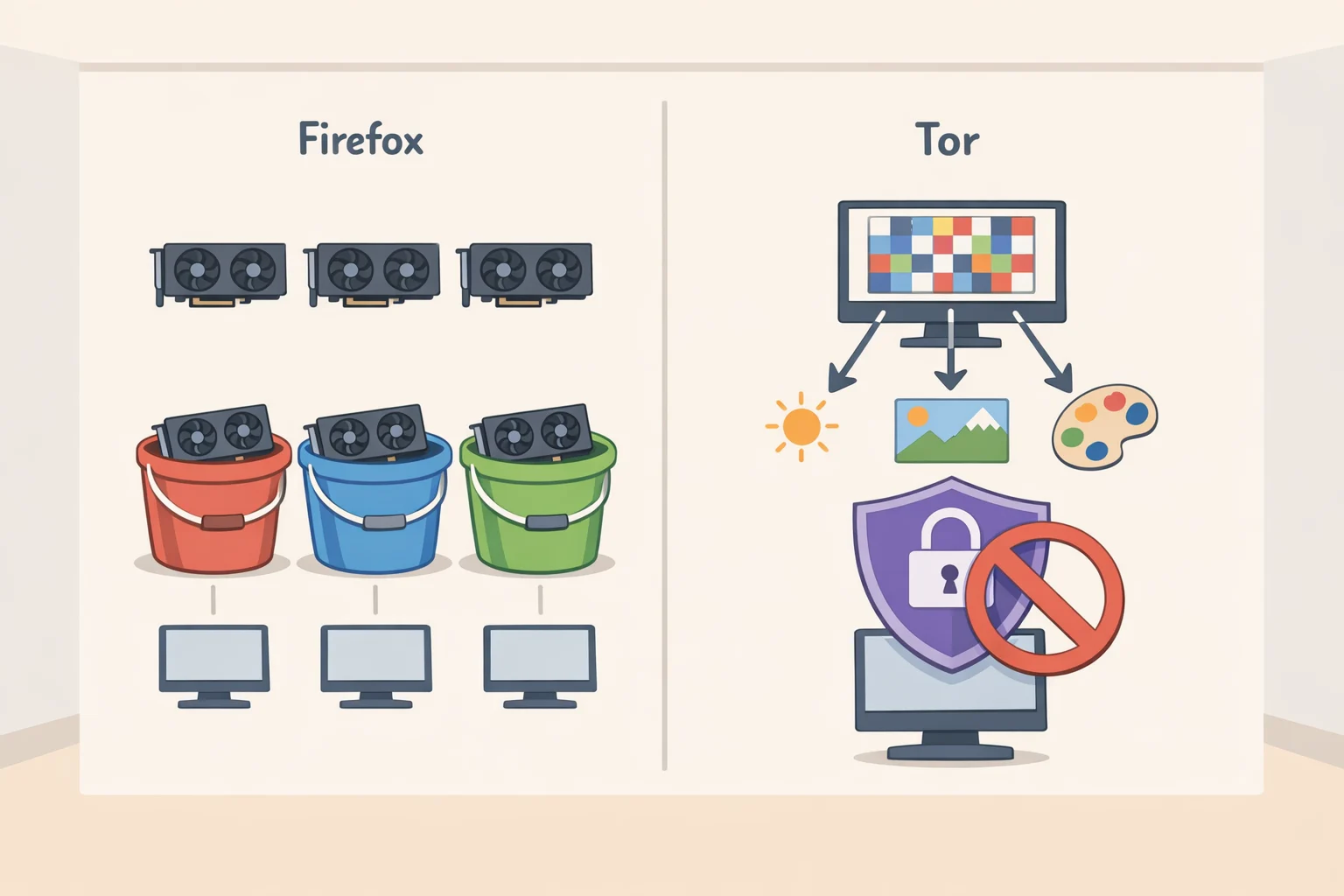 Illustration comparing Firefox rendering-family bucketing that reduces distinct renderer strings with Tor disabling readPixels to prevent image-hash fingerprinting