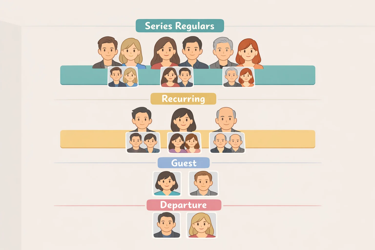 Tiered roster chart of Off Campus Season 2 cast showing series regulars, recurring Phillipa Soo as Scarlett, guest Summer Di Laurentis, and the departure of Justin Kohl