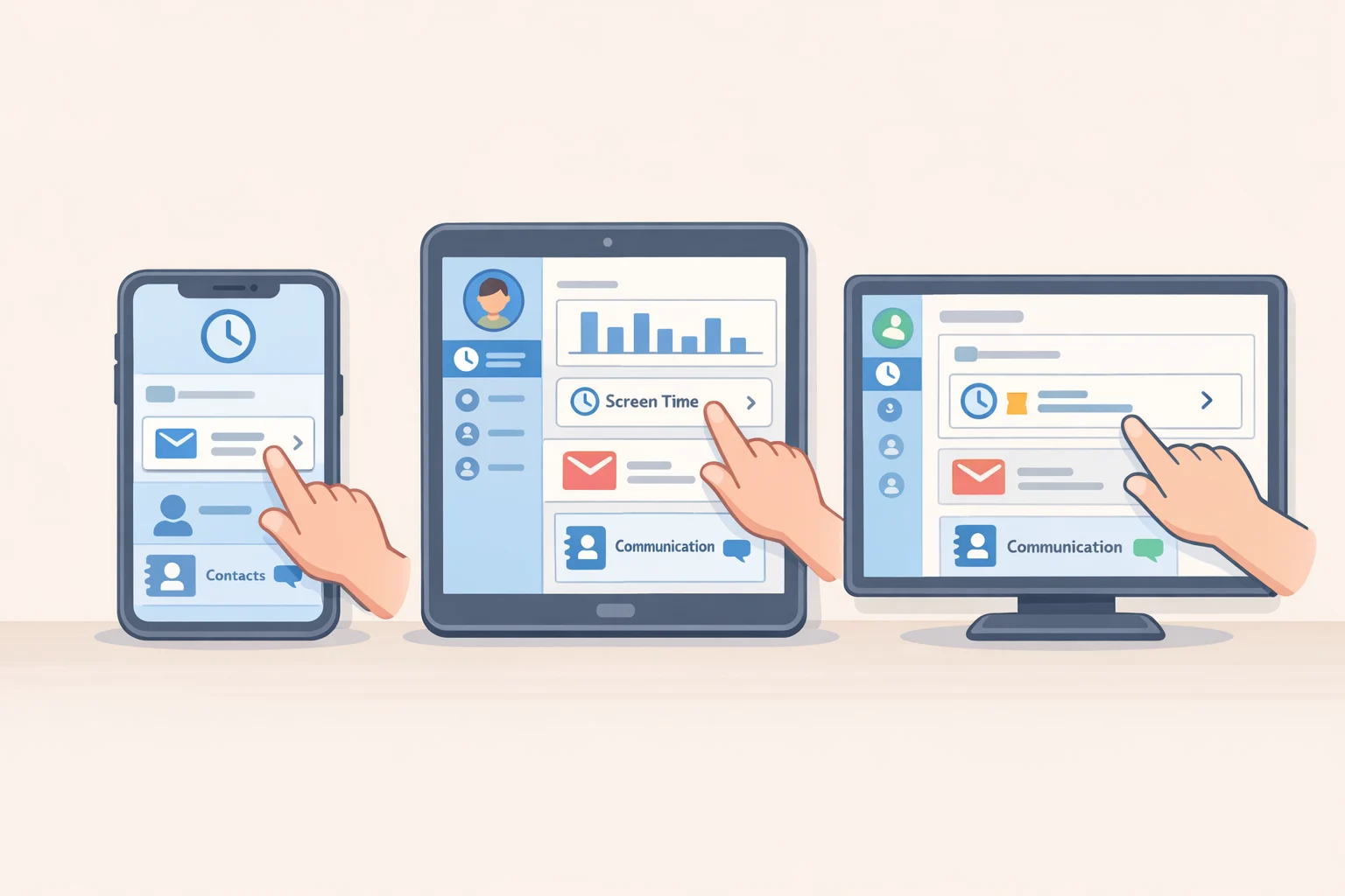 Illustration showing parental control settings for iPhone/iPad Family Sharing, Android Family Link, and Xbox/Microsoft Family Safety with toggles for content and communication limits