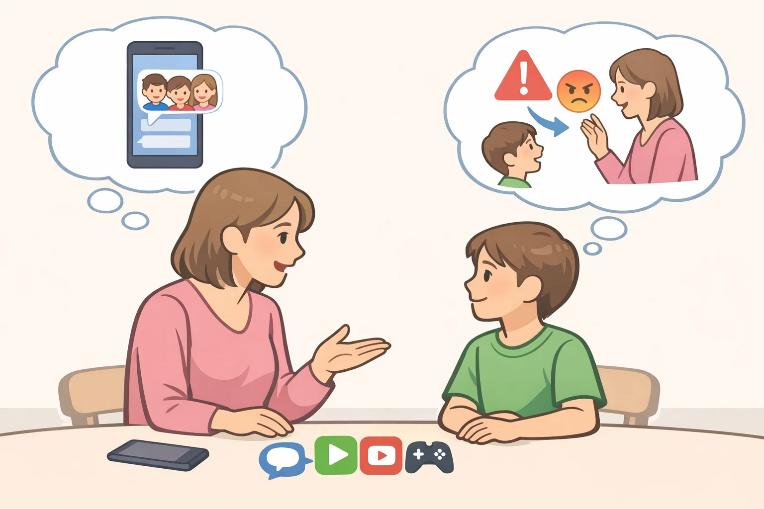 Illustration of back-to-school online safety tips for parents: a parent and child reviewing which apps and group chats to use, with a note saying 'come to us first if anything feels off'
