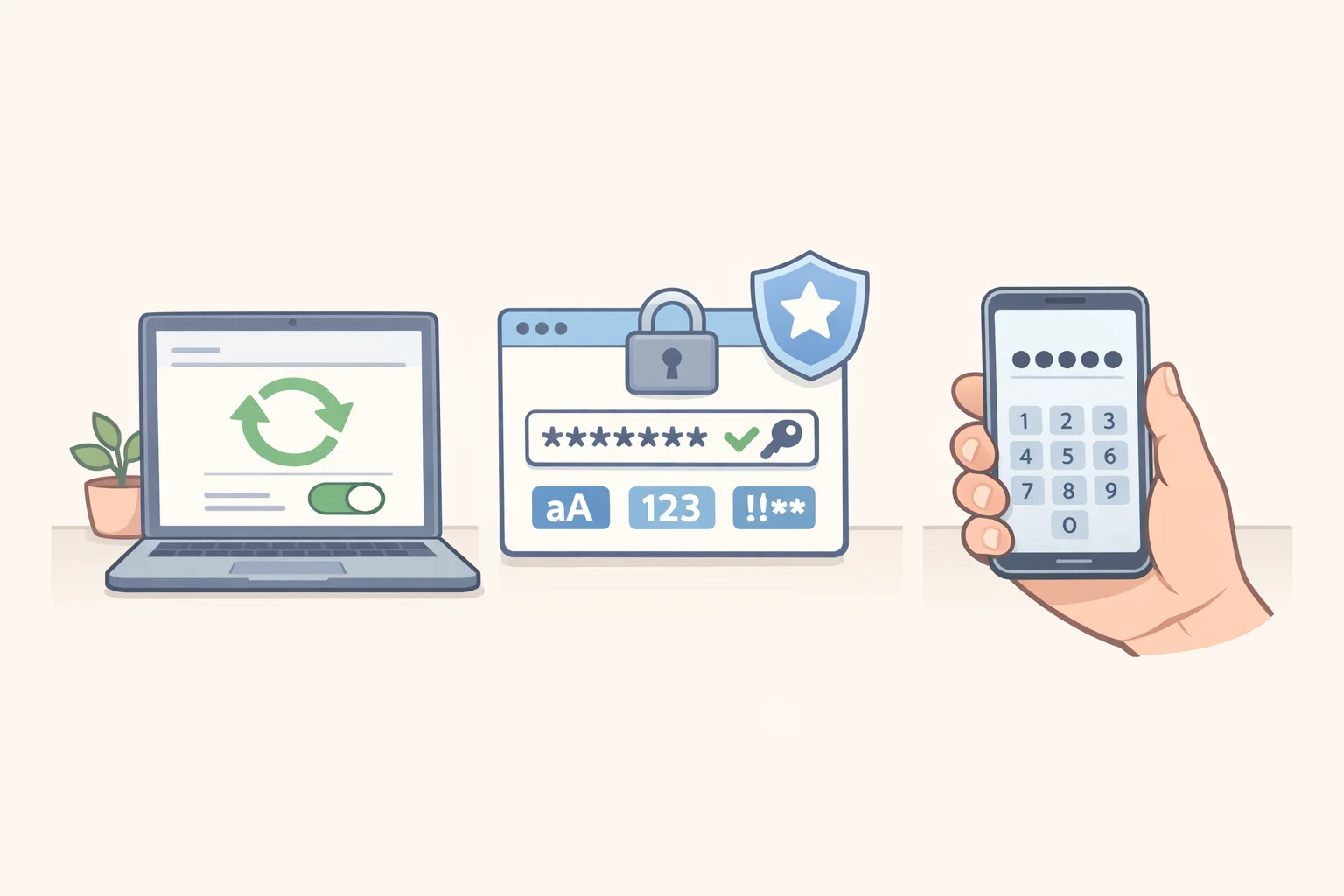 Illustration of a parent enabling automatic updates, setting a strong unique password, and turning on a phone passcode lock
