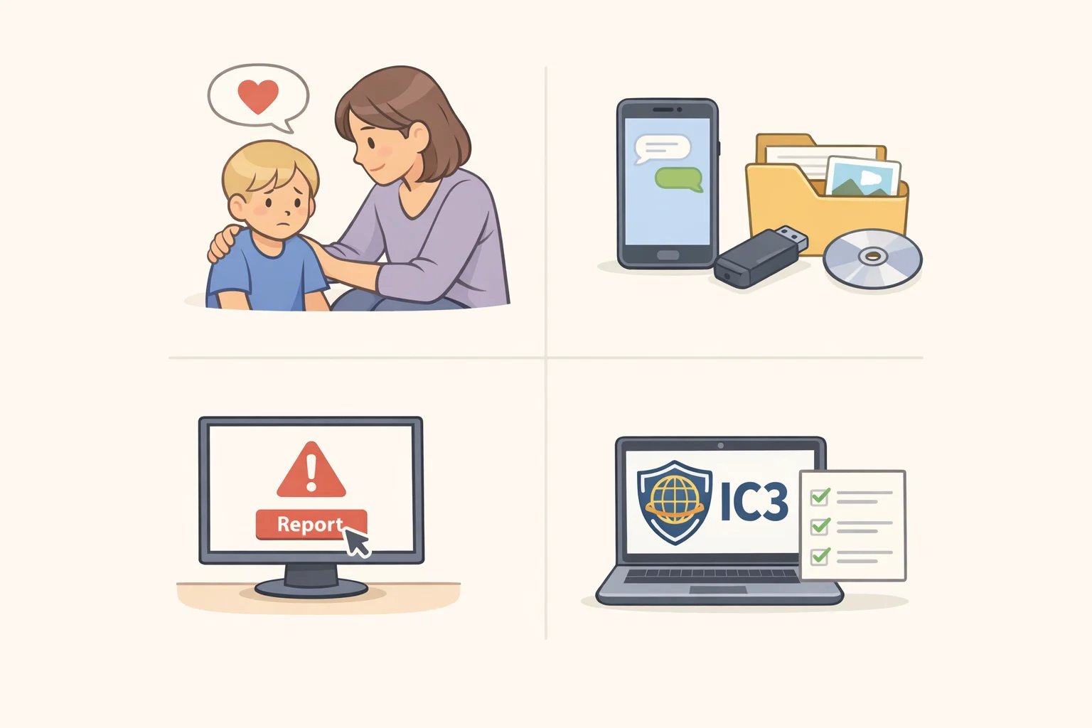 Illustration of a parent incident-response checklist: reassure the child, save screenshots/usernames, report in-app, and submit an IC3 report at ic3.gov