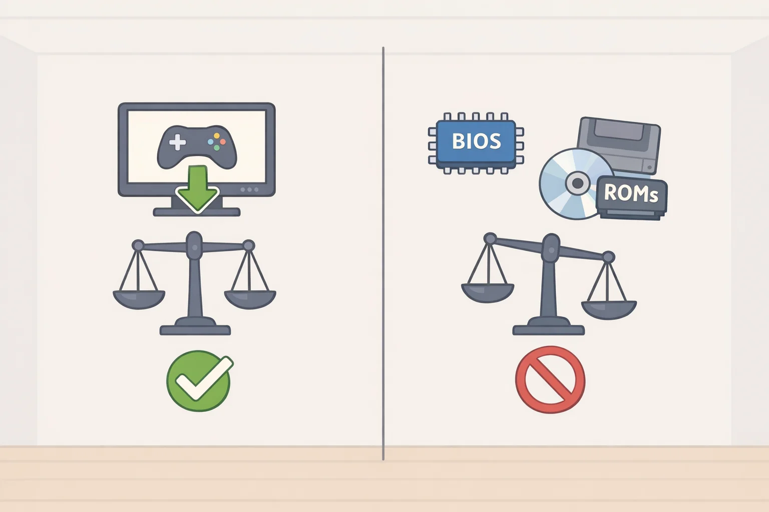 Illustration separating legal issues in emulation into emulator software downloads, user-supplied BIOS/bring-your-own BIOS, and game ROM sourcing for the Gecko GameCube emulator