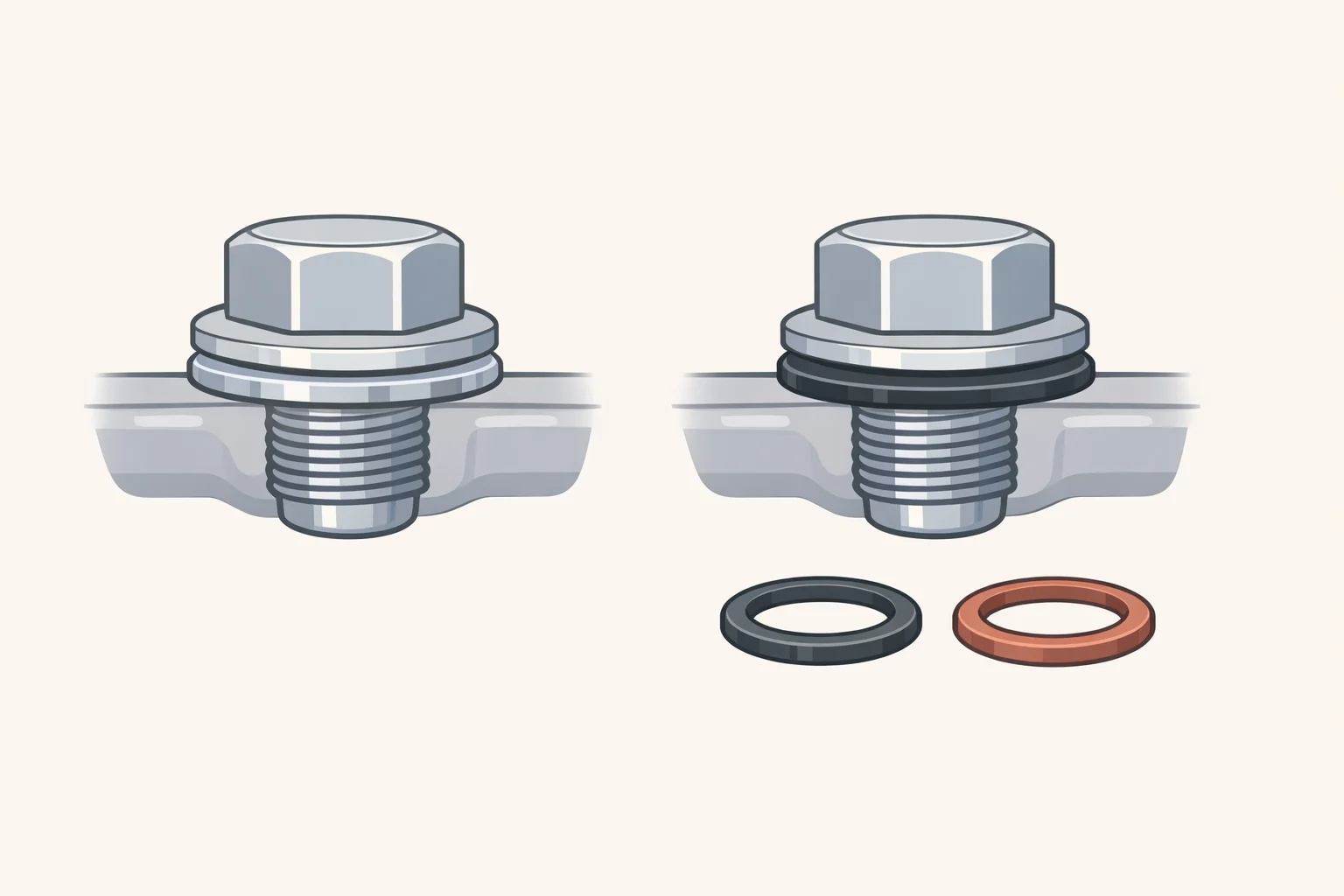 Side-by-side comparison of an oil drain plug using a plain metal crush washer versus a bonded rubber or fiber gasket visible on the sealing surface