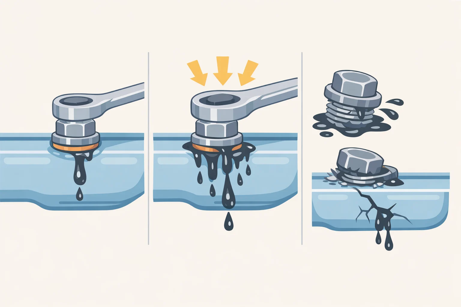 Illustration of a reused crush washer starting to seep oil and an over-tightened drain plug stripping oil pan threadscan you reuse crush washers for an oil change and cause thread damage?