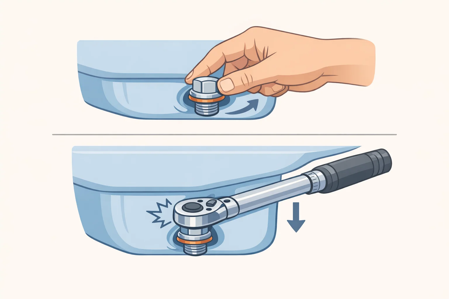 Mechanic installing a new crush washer on an oil drain plug by threading by hand and tightening to the manufacturer's torque specification with a torque wrench