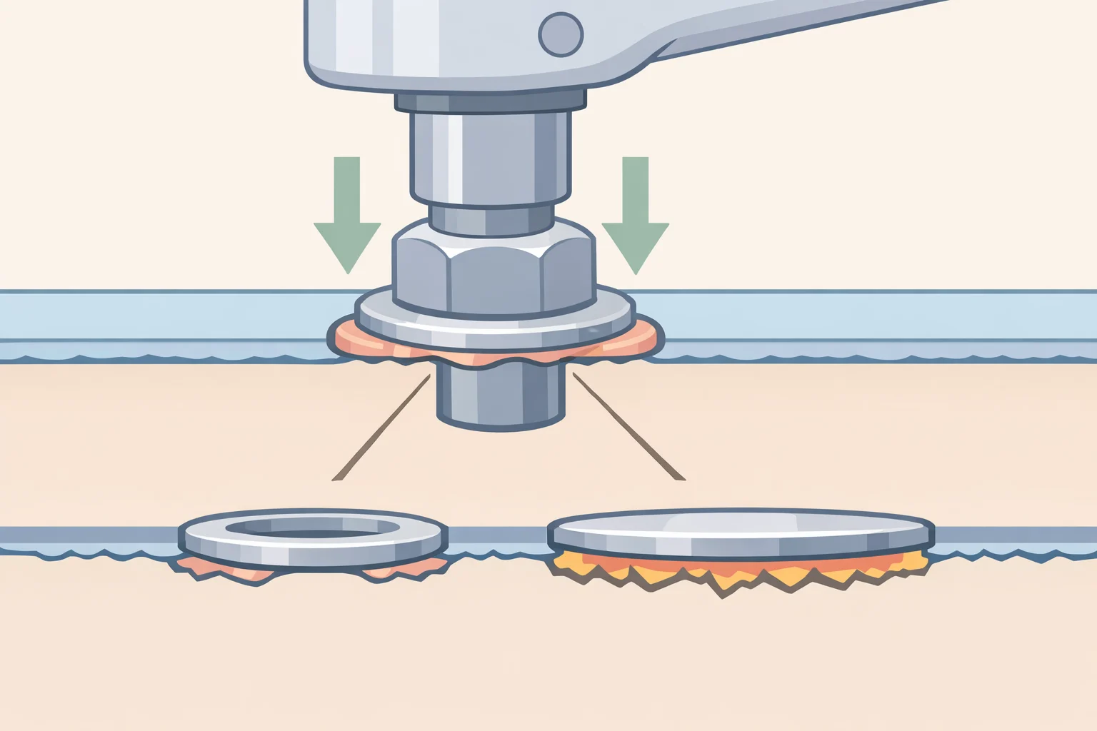 Diagram of an oil drain plug with a thin aluminum or copper crush washer that permanently deforms under torque to create a leak-proof oil pan seal