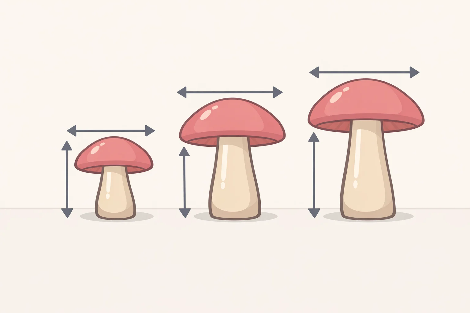 Illustration of IKEA HÖSTAGILLE set of 3 ceramic mushrooms with labeled measurements (14 cm/11 cm cap, 11 cm/10 cm cap, 9.5 cm/6.5 cm cap) highlighting the varied sizes in the set