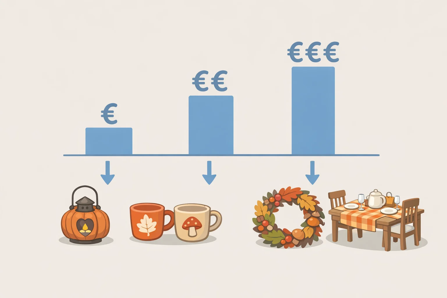 Illustration comparing example IKEA Switzerland fall prices (CHF 7.95 for HÖSTAGILLE bowls and CHF 1.95 for brown-red paper napkins, plus other items in the same campaign) to show a typical autumn price band